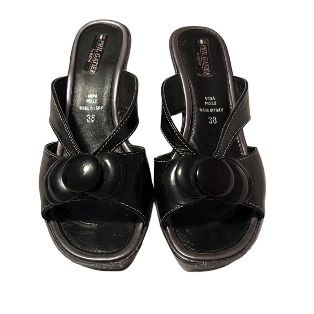 Black Open Toe Leather Mule Wedges by Repo, made in Italy, Size 7/38